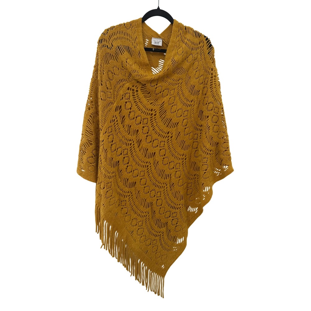 Anna & Ava Mustard Yellow Crochet Knit Fringe Poncho Cowl Neck One Size Boho